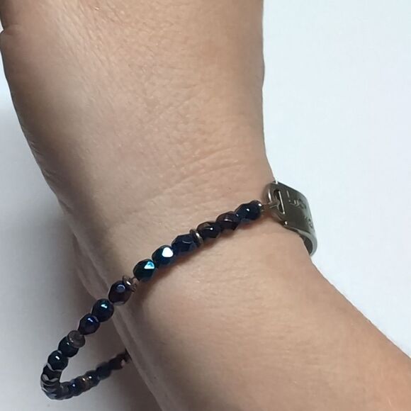 450 Iridescent Blue Beaded Silver Plate Engraved "you are loved" Tennis Bracelet - Picture 2 of 4